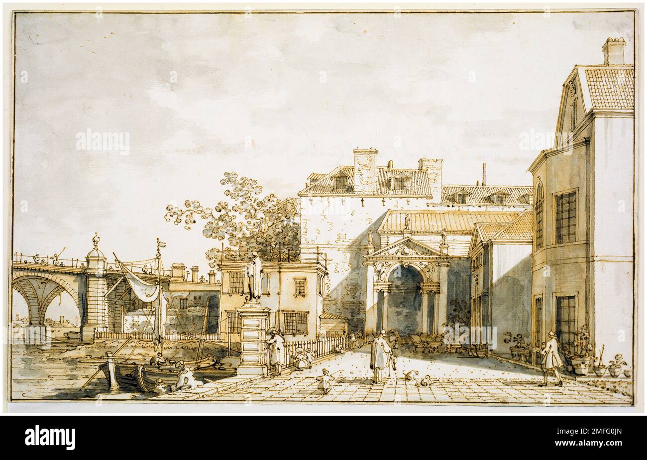 Canaletto (canale Giovanni Antonio), Capriccio con le reminiscenze di Westminster Bridge e Richmond House (Londra), disegno in penna e inchiostro con pennello e lavaggio, 1755-1760 Foto Stock