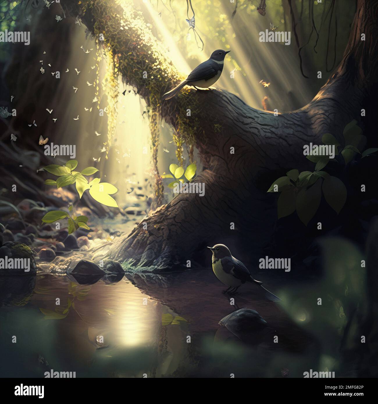 Illustrazione della foresta fantasy con uccelli e farfalla volante sotto il fiume. Manipolazione delle foto. rendering 3d. Foto Stock