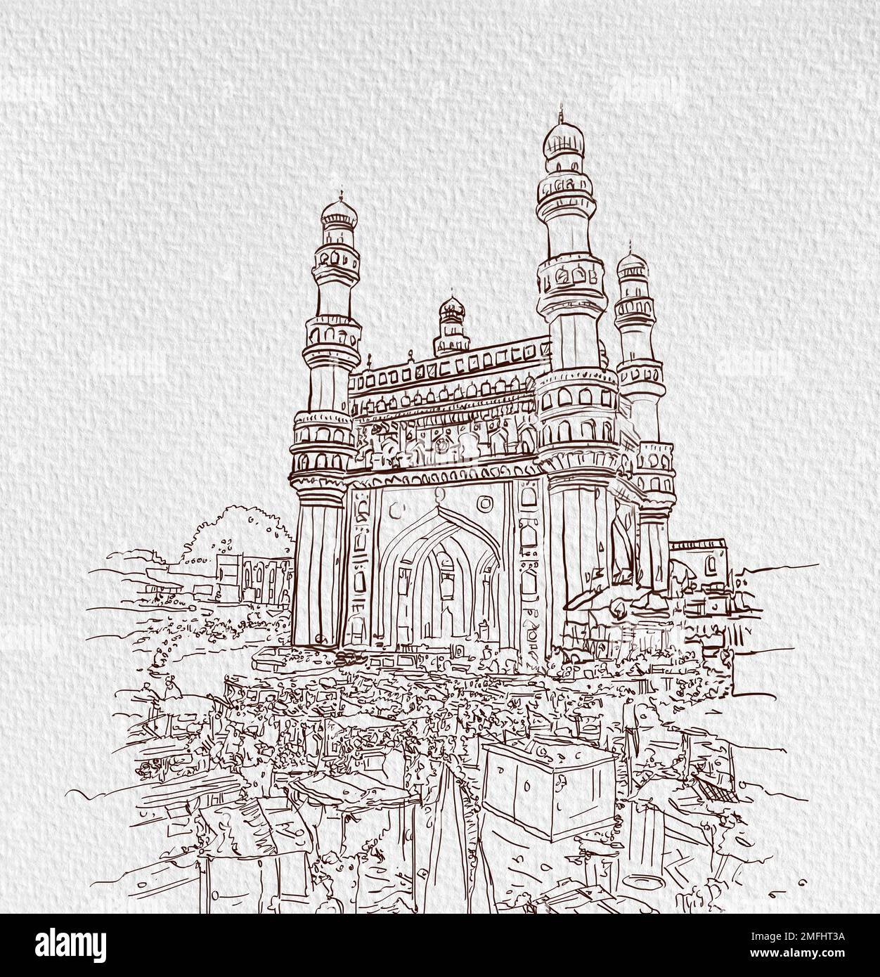 Charminar Hyderabad India, illustrazione o schizzo, illustrazione disegnata a mano, illustrazione asiatica, illustrazione della linea di Hyderabad City, CITTÀ DI HYDERABAD . Foto Stock