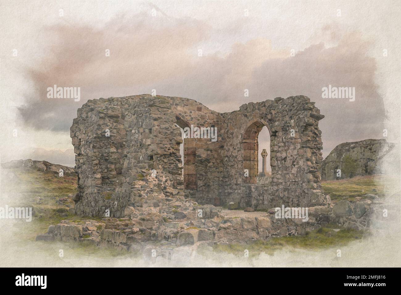 La chiesa in rovina e la pittura sassone a acquerello digitale a Ynys Llanddwyn ad Anglesey, Galles, Regno Unito. Foto Stock