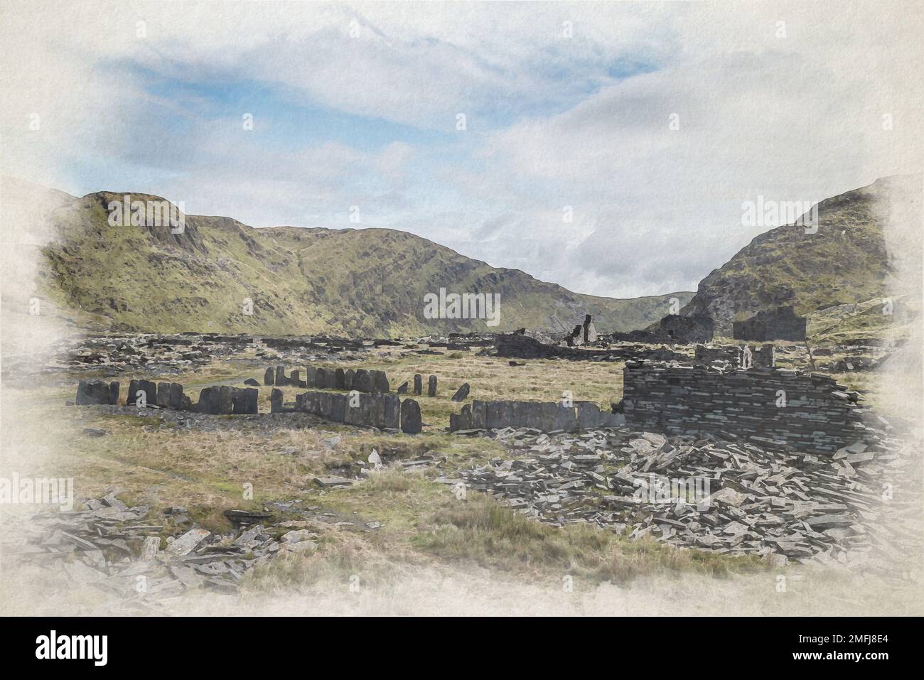 Acquerello digitale della Cwmorthin Slate Quarry abbandonata a Blaenau Ffestiniog a Snowdonia, Galles. Foto Stock