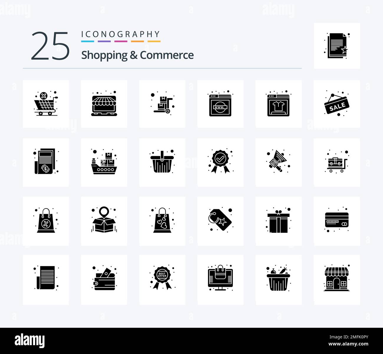 Shopping e Commercio 25 pacchetto icone Solid Glyph incluso World Wide Web. dominio di rete. negozio. explorer. carrello per bagagli Illustrazione Vettoriale