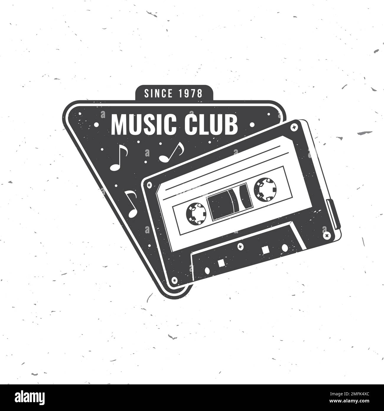 Logo, badge, etichetta del club musicale. Poster retrò, banner con audiocassetta, design tipografico vintage per t-shirt, emblema, logo, badge Illustrazione Vettoriale
