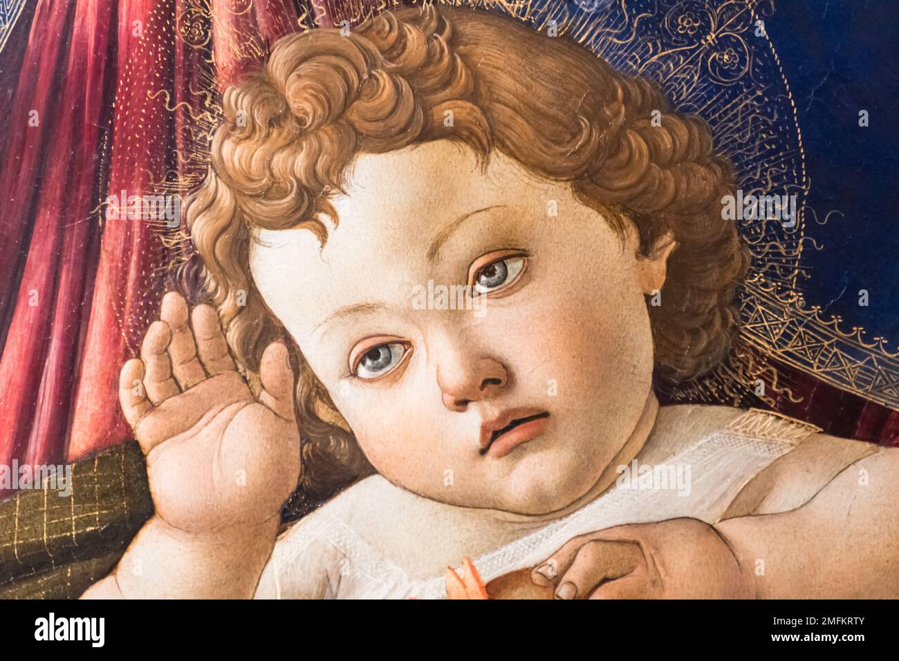 Primo piano sulla pittura rinascimentale raffigurante il bambino Gesù che dà una benedizione Foto Stock