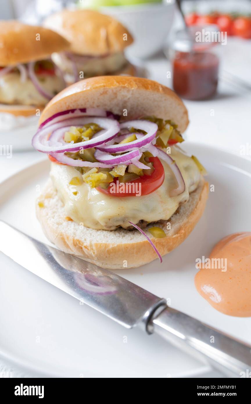 Hamburger fatti in casa con formaggio, cipolle, sottaceti, pomodori e salsa di hamburger Foto Stock