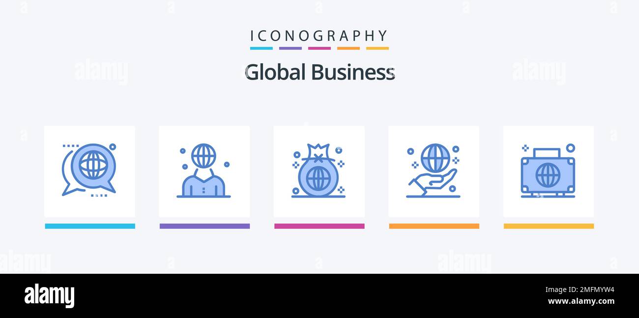 Pacchetto icone Global Business Blue 5 con globo. business. gestione. investimento. finanza. Icone creative Design Illustrazione Vettoriale