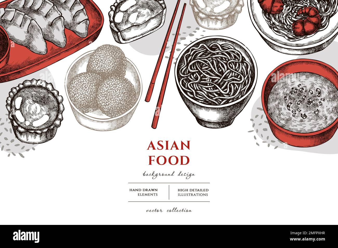 Disegno di illustrazione disegnato a mano dell'alimento asiatico. Sfondo con jiaozi vintage, jian dui, crostata d'uovo, tagliatelle con gamberi, zuppa d'uovo, ciotola di tagliatelle. Illustrazione Vettoriale