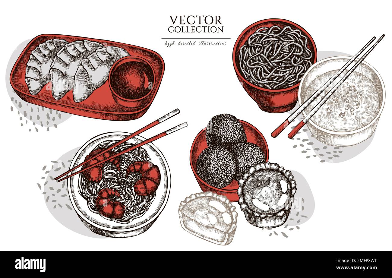Collezione di illustrazioni vintage del cibo asiatico. Disegni di logo disegnati a mano con jiaozi, jian dui, crostata d'uovo, tagliatelle di gamberetti, zuppa d'uovo, ciotola di tagliatelle. Illustrazione Vettoriale
