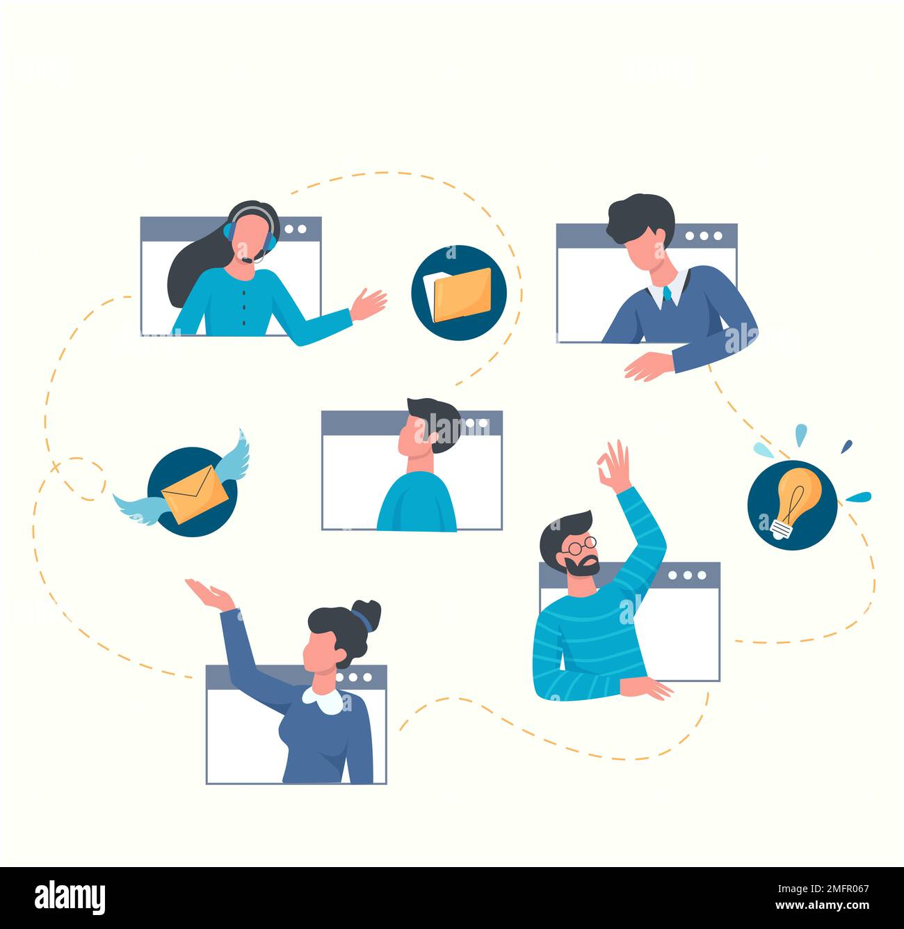 Illustrazione piatta vettoriale, concetto di lavoro remoto. Le persone con competenze diverse lavorano sullo stesso progetto online utilizzando Internet. Libero professionista Foto Stock