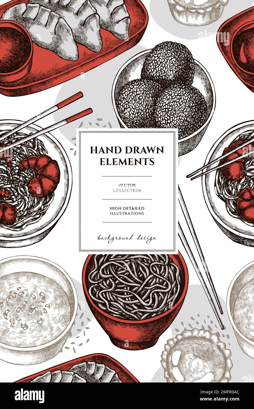 Disegno di scheda di modello asiatico dell'alimento. Jiaozi, jian dui, crostata d'uovo, tagliatelle di gamberetti, zuppa d'uovo, ciotola di tagliatelle. Illustrazione Vettoriale