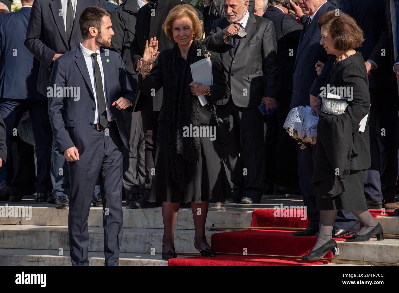 Atene, Grecia. 16th gennaio 2023. La regina Sofia di Spagna partecipa ai funerali dell'ex re Costantino II di Grecia presso la Cattedrale Metropolitana di Atene. Credit: Nicolas Koutsokostas/Alamy Stock Photo. Foto Stock