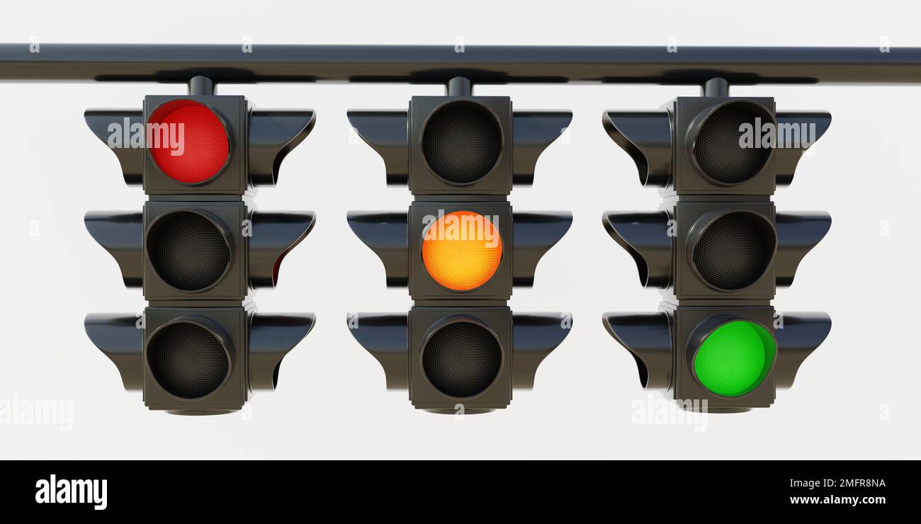 Semaforo sospeso a colori su sfondo bianco. Tre semafori di un colore ciascuno rosso, arancione, verde. Concetto di sicurezza su strada. rendering 3d Foto Stock