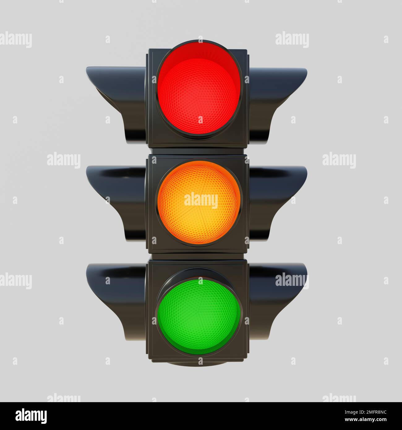 Semaforo rosso, giallo arancione, verde ritaglio isolato su sfondo grigio. Tutti e tre i colori sul semaforo, segnale per il conducente, sicurezza su strada. rendering 3d Foto Stock