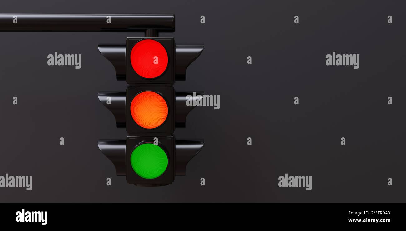 Semaforo rosso, arancione, verde su sfondo grigio vuoto. Tutti e tre i colori sul semaforo sospeso, segnale per il conducente, sicurezza su strada. Spazio per il testo. 3d Foto Stock