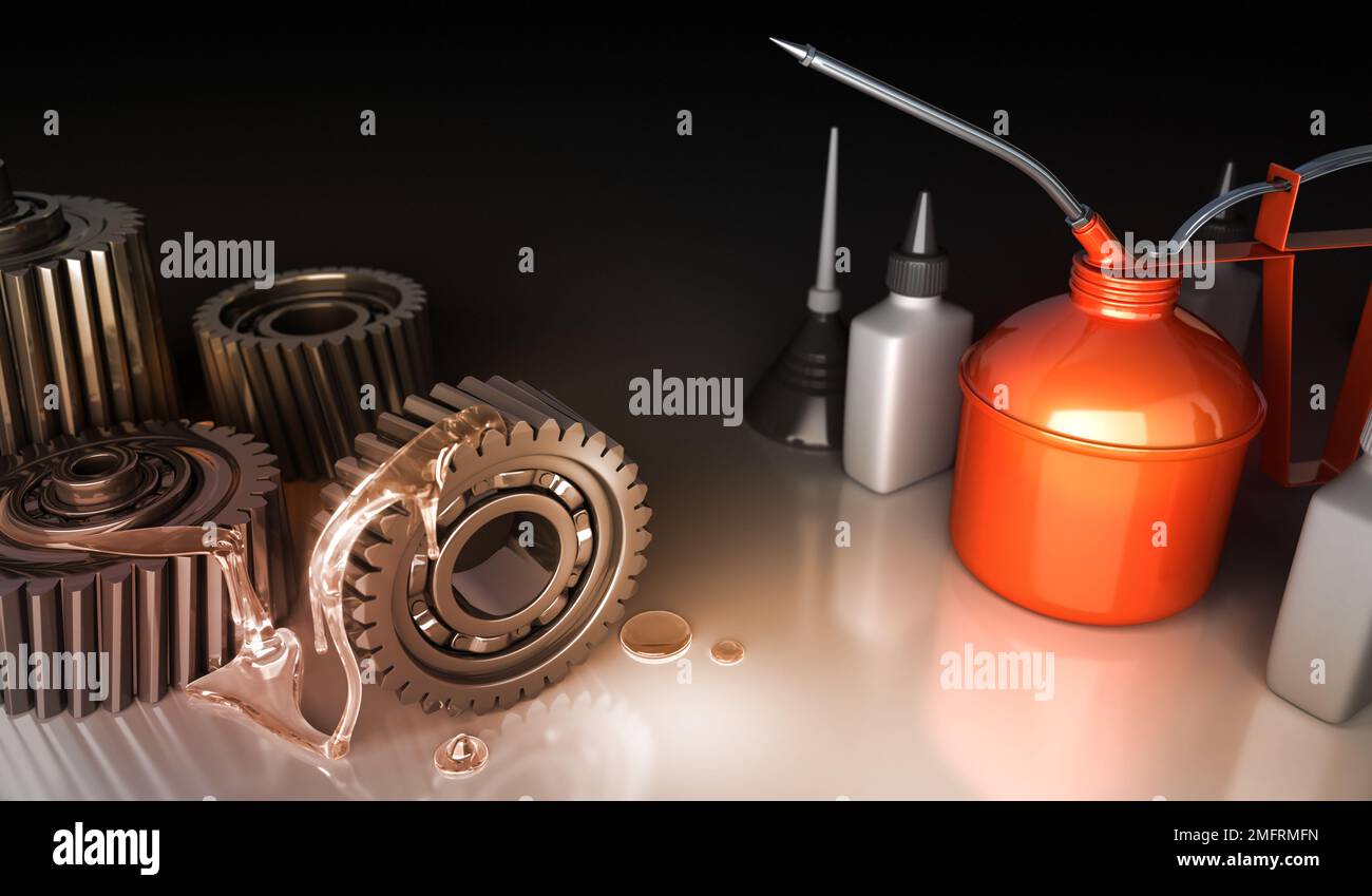 Ingranaggi e oliatore - rendering 3D Foto Stock