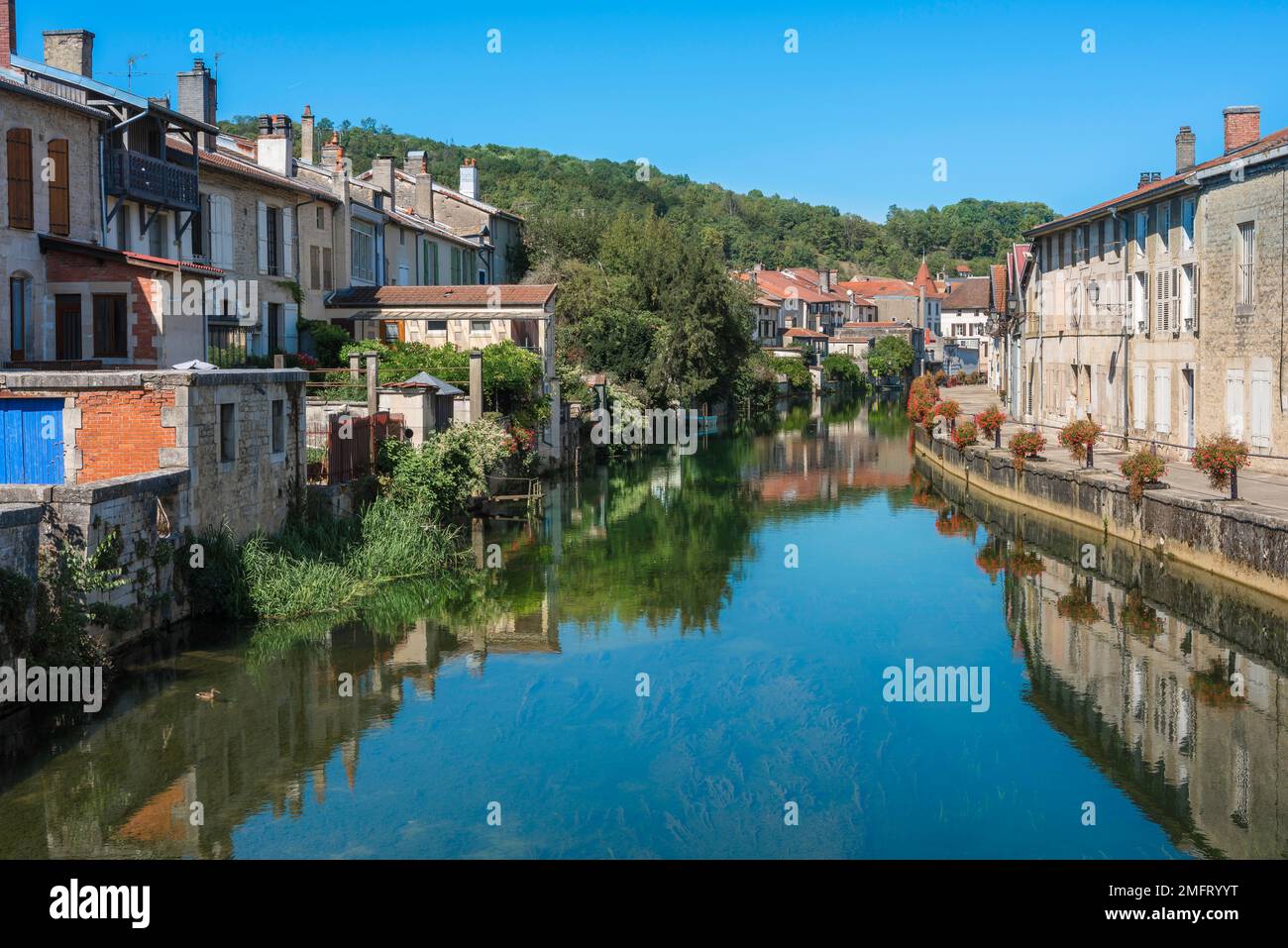 Marne River France, vista in estate del fiume Marne che scorre attraverso la pittoresca città provinciale di Joinville, Haute-Marne, Francia Foto Stock