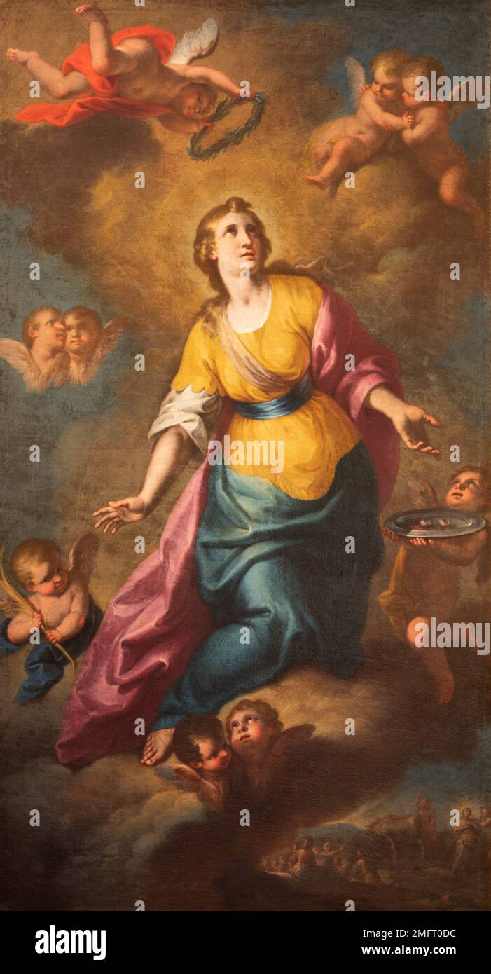 VALENCIA, SPAGNA - FEBBRAIO 17, 2022: La pittura barocca di San Lucia nella chiesa Iglesia San Nicolas. Foto Stock