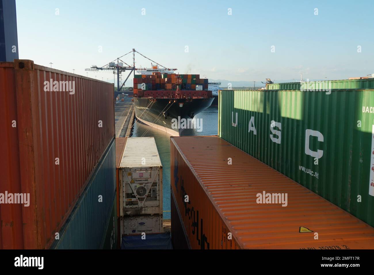 Nave portacontainer ormeggiata nel porto italiano osservata da altre scatole trasportatrici di diversi caricatori. Foto Stock
