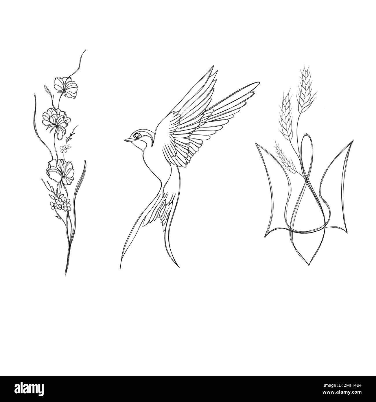 Grande set di illustrazioni patriottiche di line art. Fermare la guerra in Ucraina Foto Stock