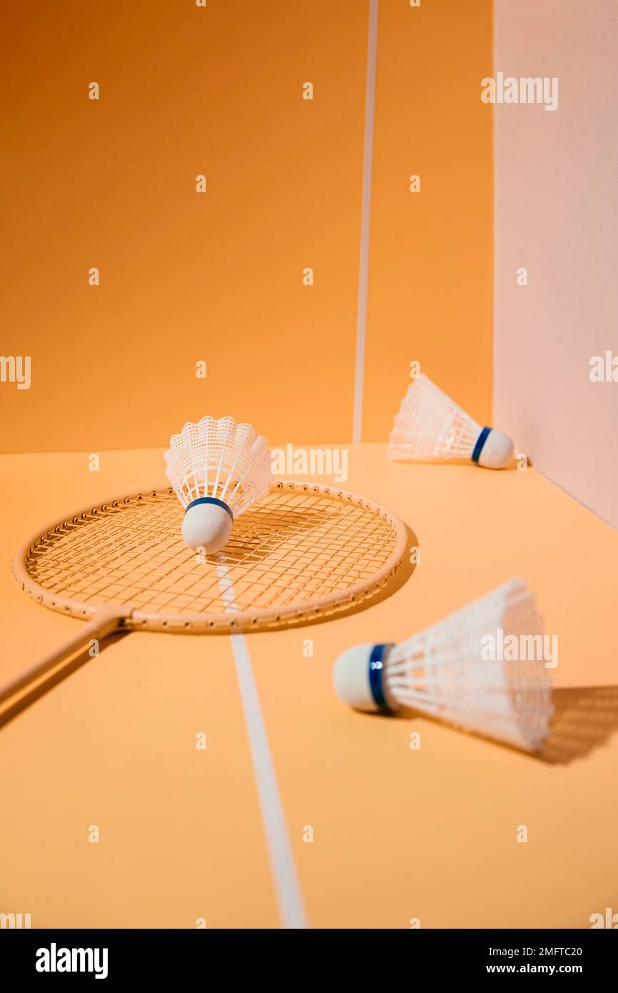 badminton racchetta shuttlecocks ad angolo alto Foto Stock