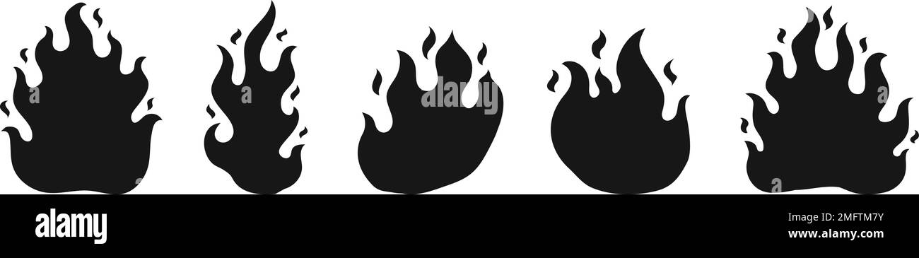 Fiamme fuoco silhouette nere. Fiamme a gas, fuochi isolati. Il fuoco brucia duro. Luci accese, set di simboli caldi o caldi Illustrazione Vettoriale