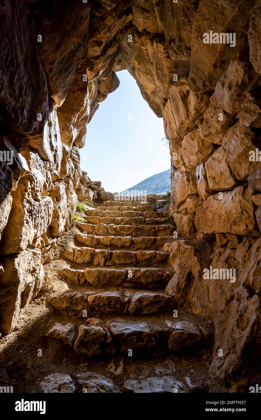 Porta in un muro, rovina, Micene, sito archeologico greco, Peloponneso, Grecia Foto Stock
