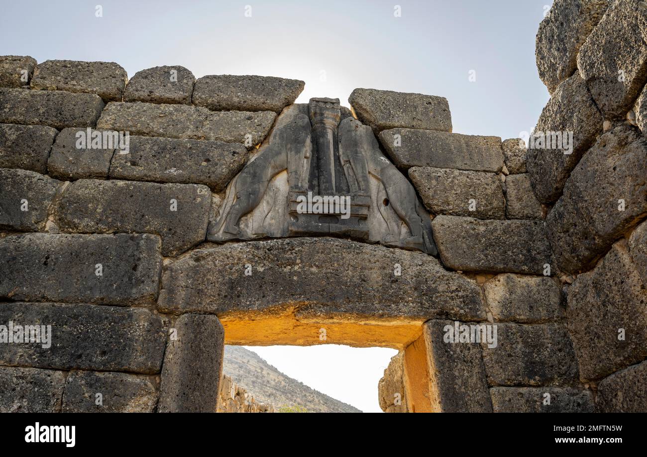 Porta Lions, Micene, sito archeologico greco, Peloponneso, Grecia Foto Stock