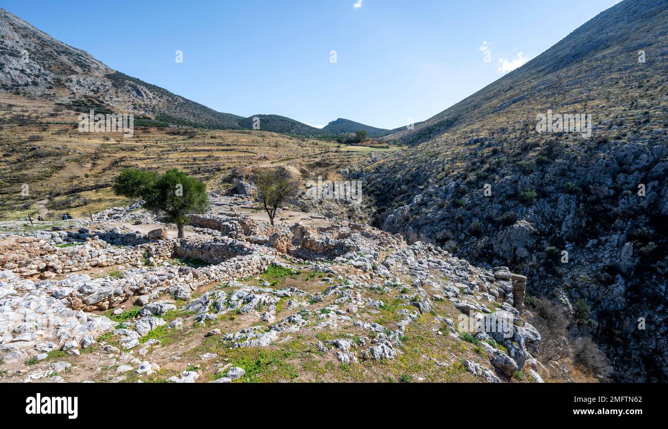 Î Ruin ÎµÎ¾Î±Î¼ÎµÎ½Î®, Micene, sito archeologico greco, Peloponneso, Grecia Foto Stock