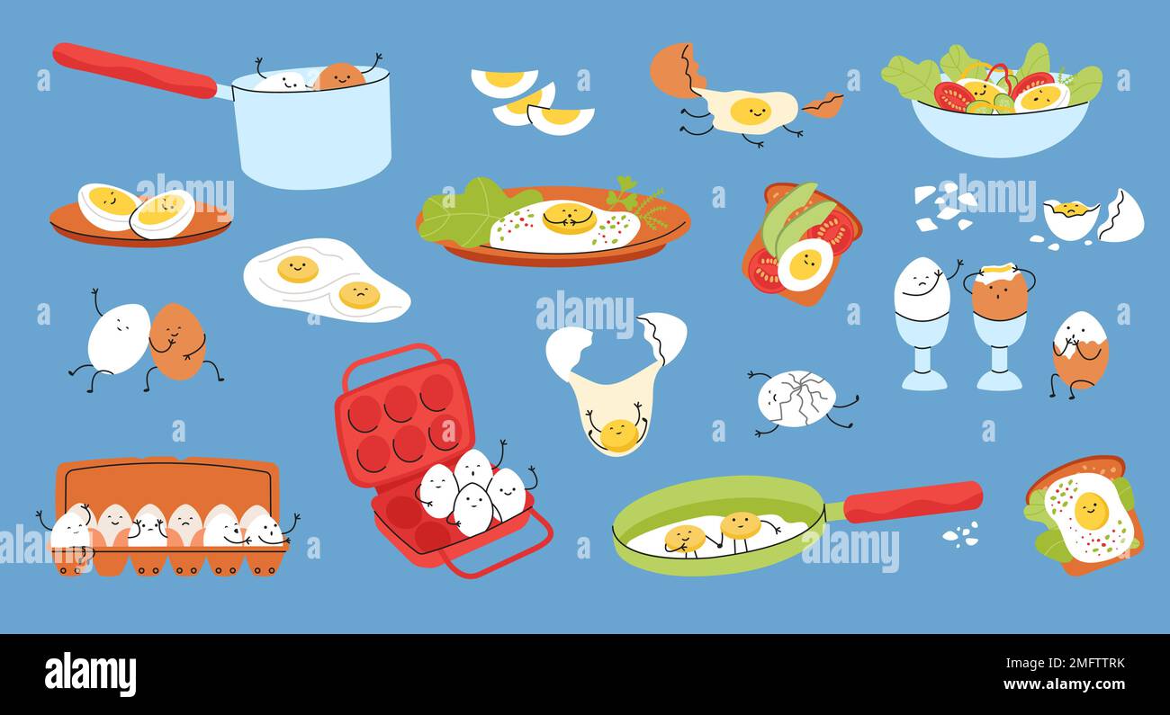 Uova amici personaggi. Uovo divertente, menu della colazione cibo cartone animato. Kawaii emozioni varie yolk. Panino sano, pasqua, adorabile pranzo vettore decente Illustrazione Vettoriale
