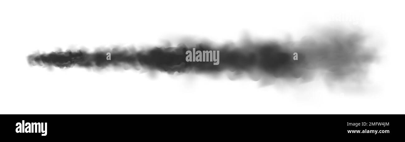 Missile realistico o traccia proiettile. Pista di condensazione per aerei, pista per aerei a reazione. Lancio del razzo spaziale. Nuvole di fumo nero, esplosione. Flusso di vapore Illustrazione Vettoriale