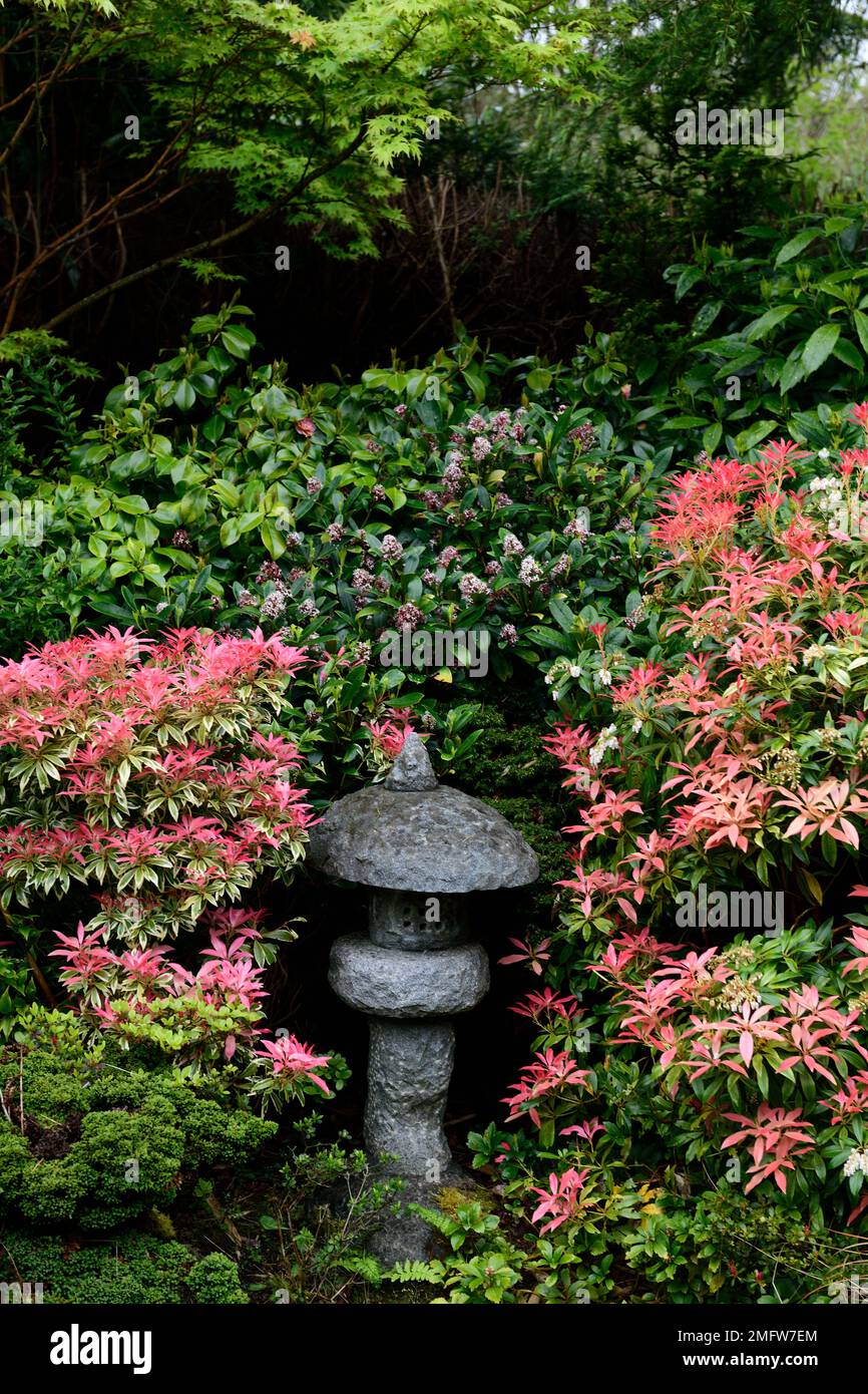 Giardino giapponese, giardino giapponese Lanterna di pietra Ishidōrō, Lanterna di pietra Ishidōrō nei giardini giapponesi, arbusti Pieris japonica fiancheggiamento Lanterna di pietra Ishidō Foto Stock