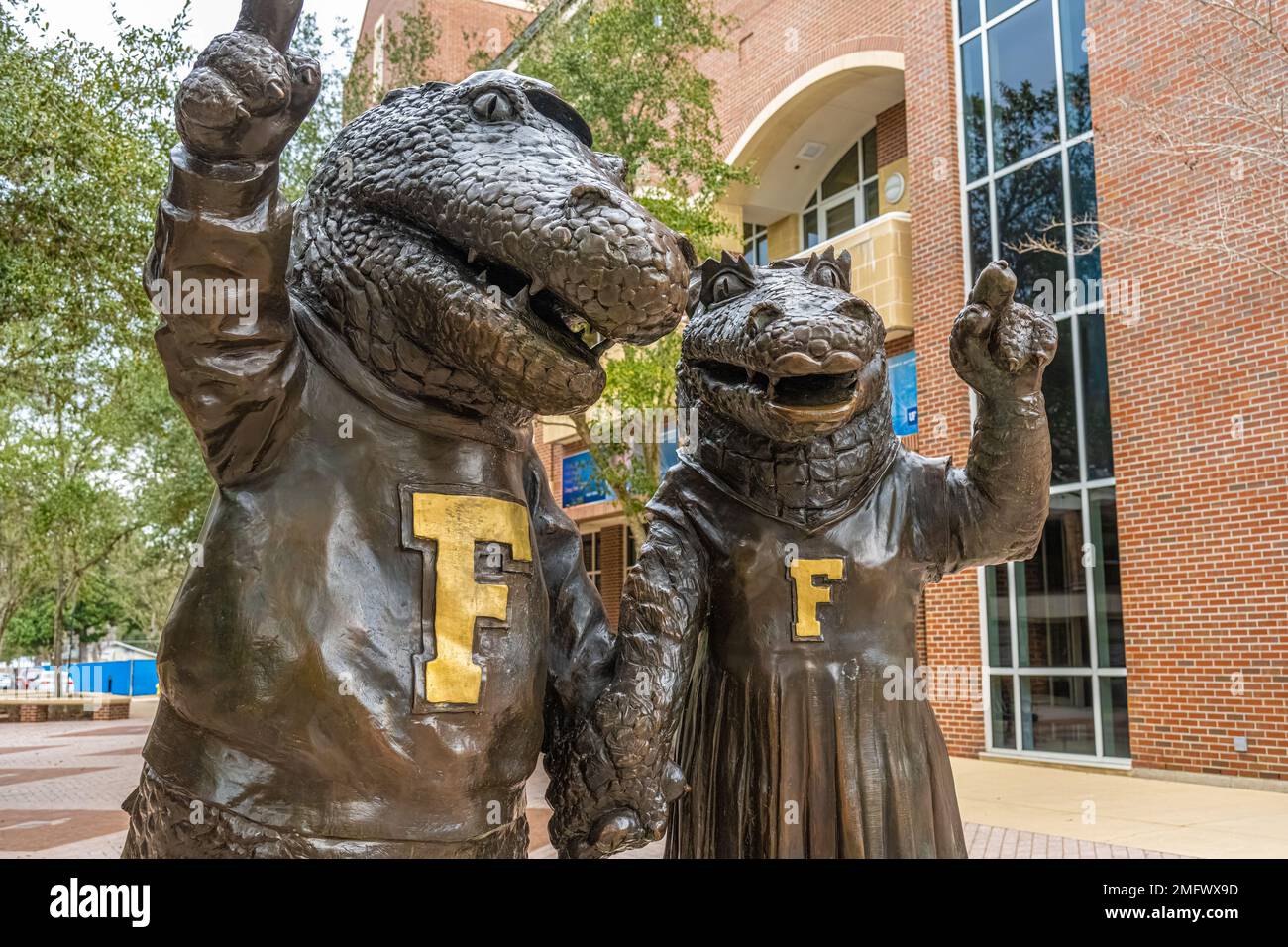 Le mascotte della University of Florida, Albert e Alberta Gator, di fronte allo stadio ben Hill Griffin dal Gator Club Plaza nel campus universitario. (USA) Foto Stock