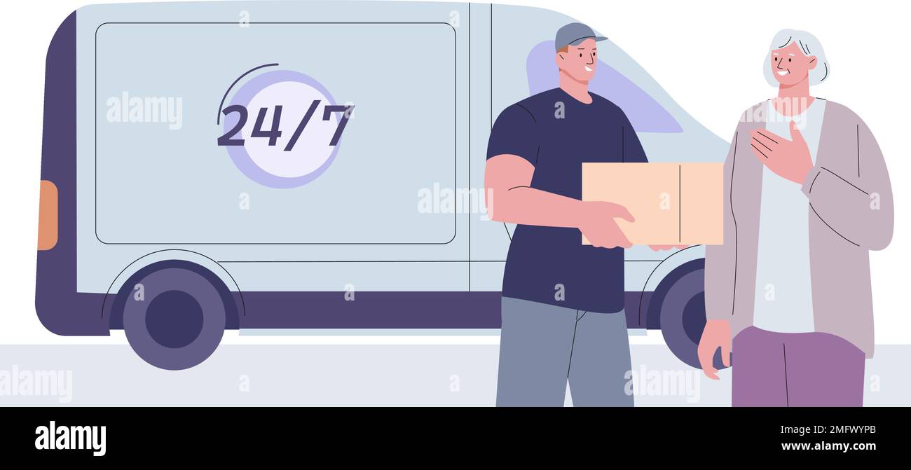 Servizio di consegna espresso, compagnia di spedizione 24 ore su 24. Logistica, ordine online e postino con pacco per donna anziana. Concetto di trasporto vettoriale Illustrazione Vettoriale