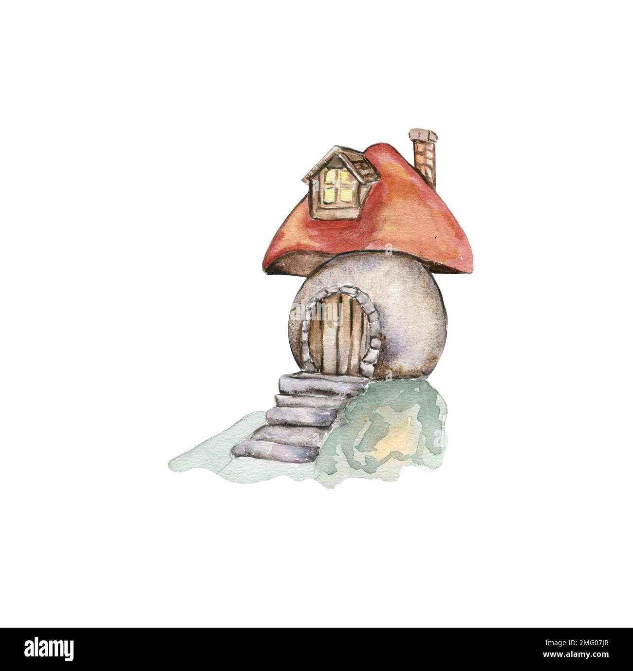 Acquerello cartone animato fiaba casa di funghi con porta in legno. Acquerello disegno a mano fiaba illustrazione. Illustrazione con backgrou isolato bianco Foto Stock