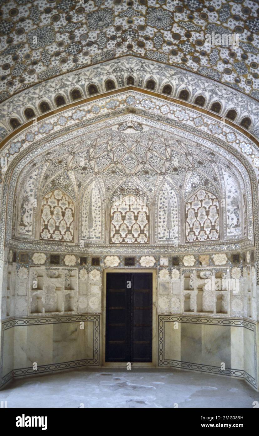 Storico, immagine di archivio del Mahal di Sheesh, Palazzo di specchio parte del Amer, Forte di Ambra, Amer, Rajashtan, India 1990 Foto Stock