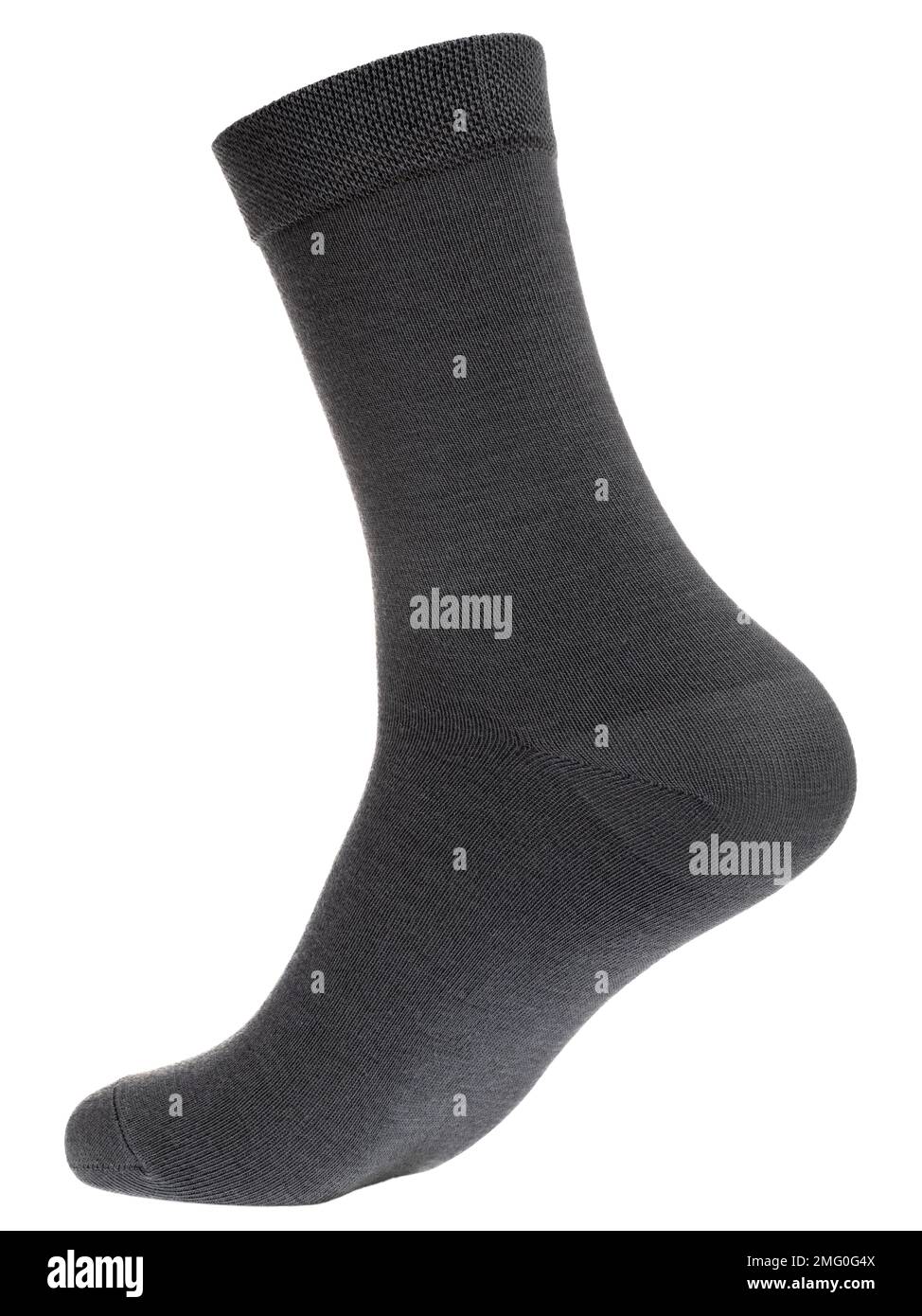 Calzino in cotone grigio lungo sul piede manichino isolato su sfondo bianco Foto Stock