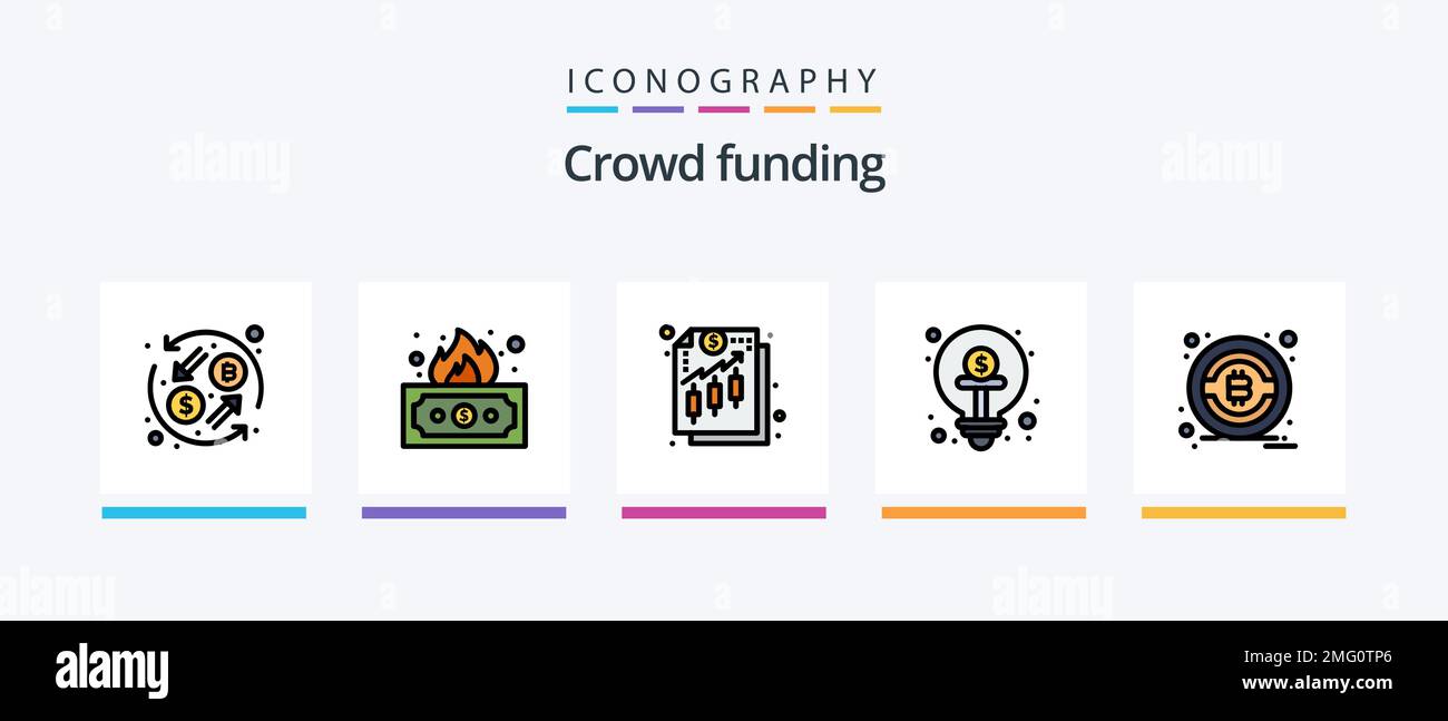 Crowdfunding Line ha riempito 5 icone Pack, finanziamento incluso. globale. risparmio. economia. obiettivo. Icone creative Design Illustrazione Vettoriale