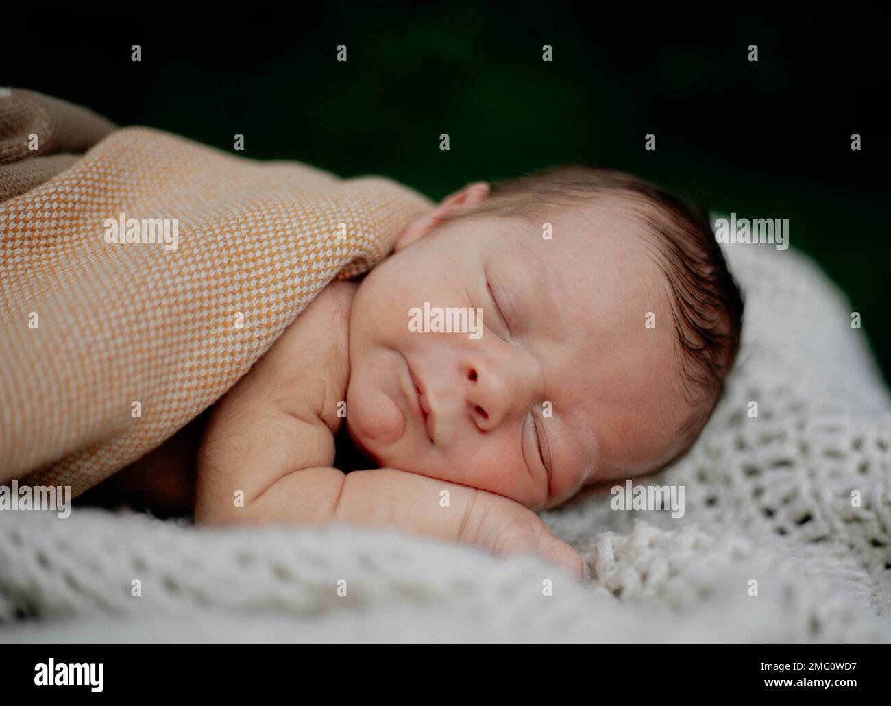 Il neonato si posa su una coperta in erba con gli occhi chiusi Foto Stock