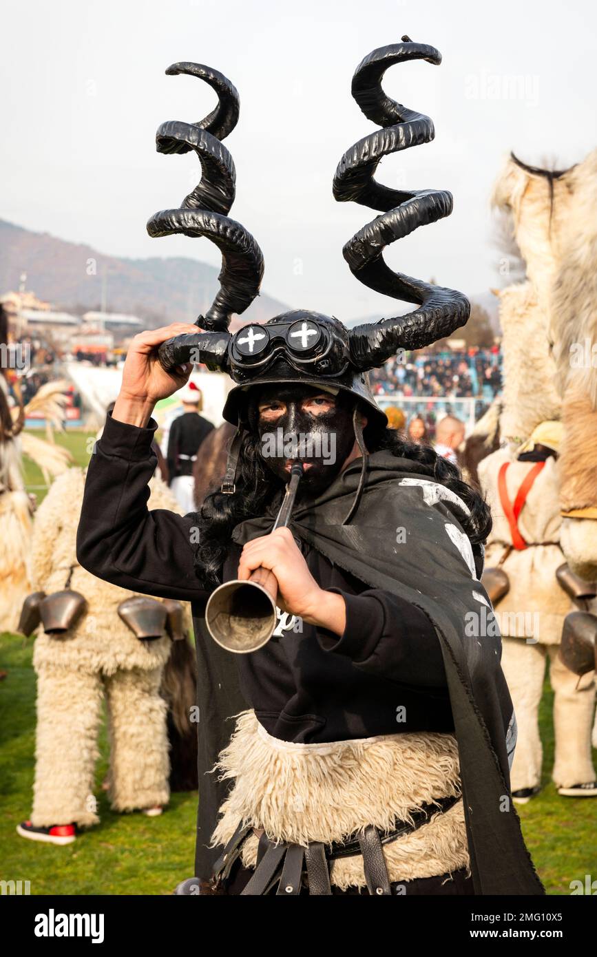 Partecipa come personaggio strano in costume divertente all'annuale festival invernale di Simitlia Kukeri a Simitli, nella contea di Blagoevgrad, Bulgaria, Europa orientale Foto Stock