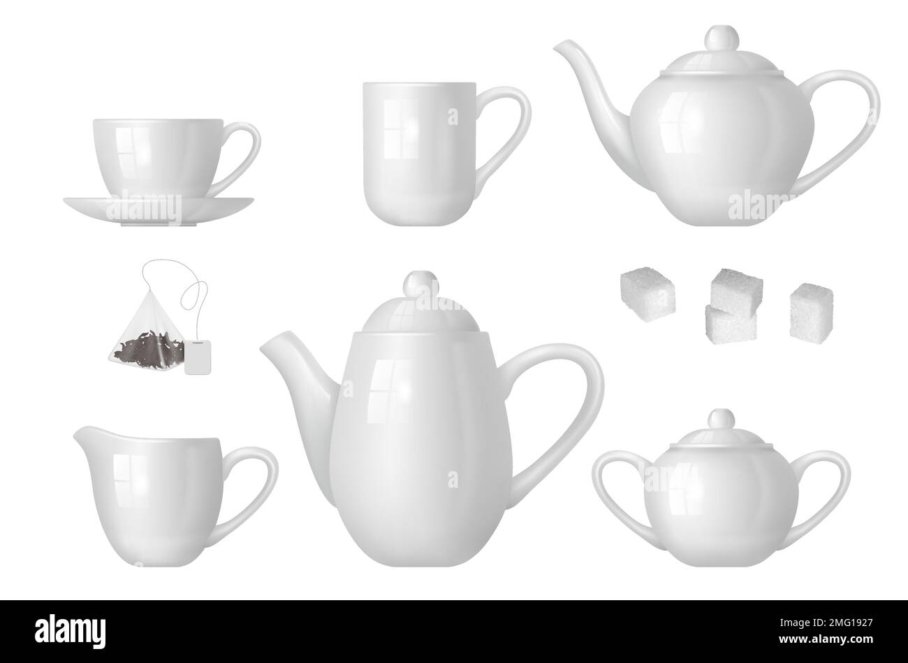 Tempo del tè. Bollitore realistico ciotole di zucchero per bevande calde decente set di illustrazioni vettoriali Illustrazione Vettoriale