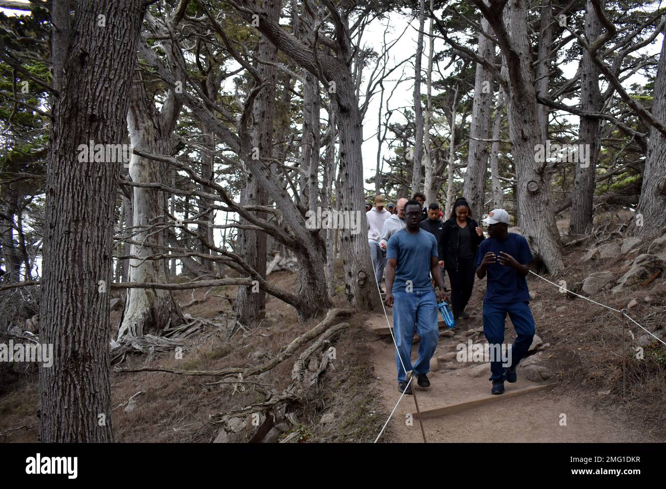 Cappellano (Capt.) Yaw Agbenu (centro a sinistra), cappellano di 229th militari di intelligence battaglione, parla con un Defense Language Institute Foreign Language Center studente durante un DLIFLC escursione spirituale resilienza a Point Lobos Natural Preserve, Carmel-by-the-Sea, Calif., 20 agosto. Foto Stock