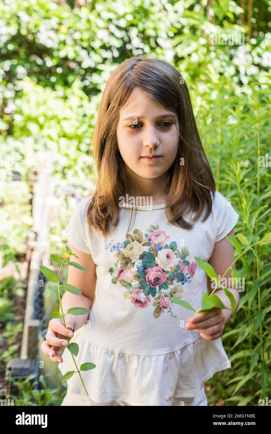 Giovane ragazza esplorando il giardino Foto Stock