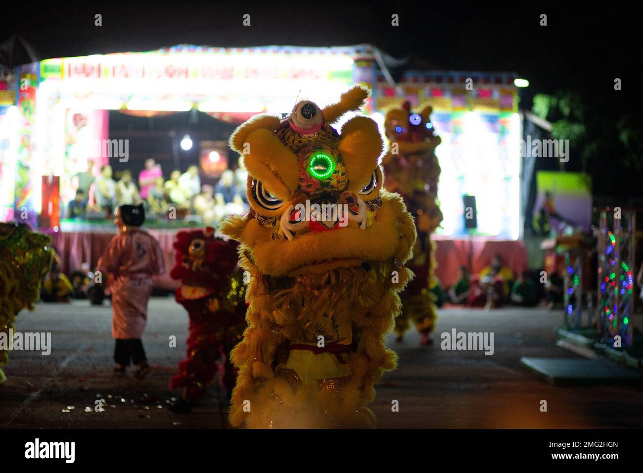 Dragon Costume Dance in Thailandia - Performers in Dragon Costumi a Celebration . Nong Khai ( หนองคาย ) , Tailandia Foto Stock