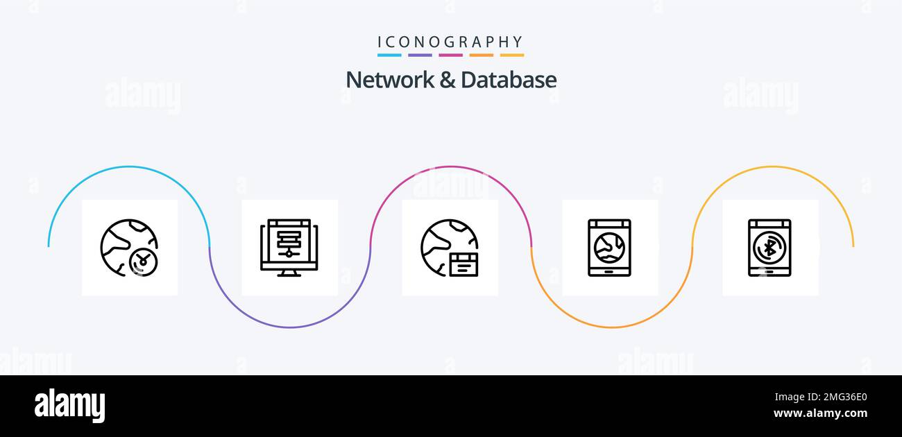 Pacchetto icone Network e Database Line 5 con Internet. app. online. internet. sviluppo Illustrazione Vettoriale