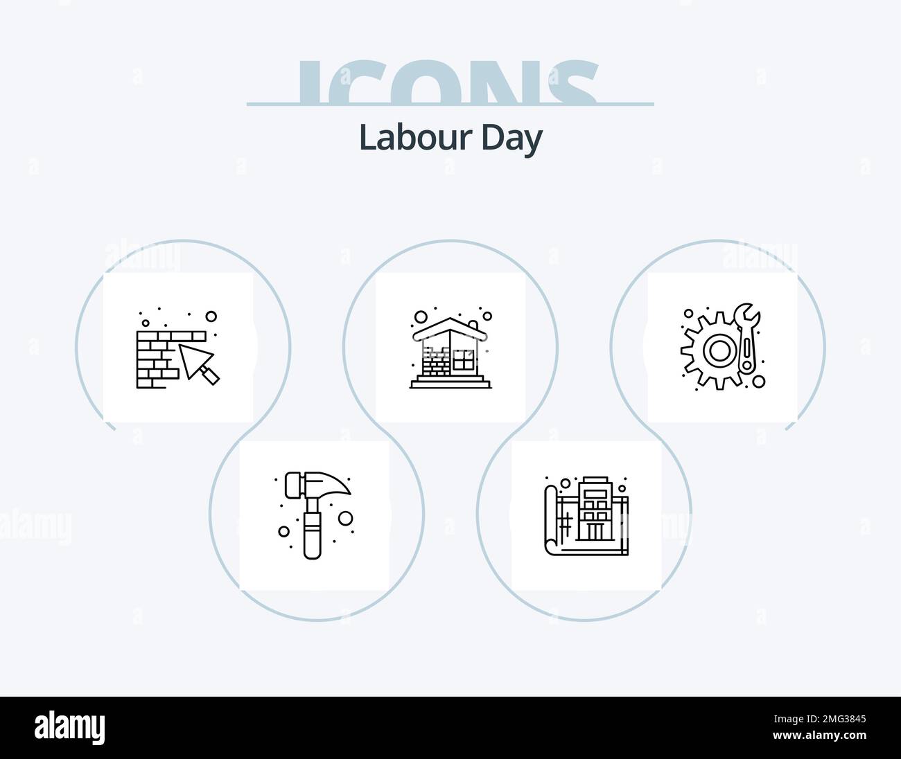 Pacchetto icone Labour Day Line 5 Design icona. asse. lavoro. edificio. ingranaggio. internazionale Illustrazione Vettoriale