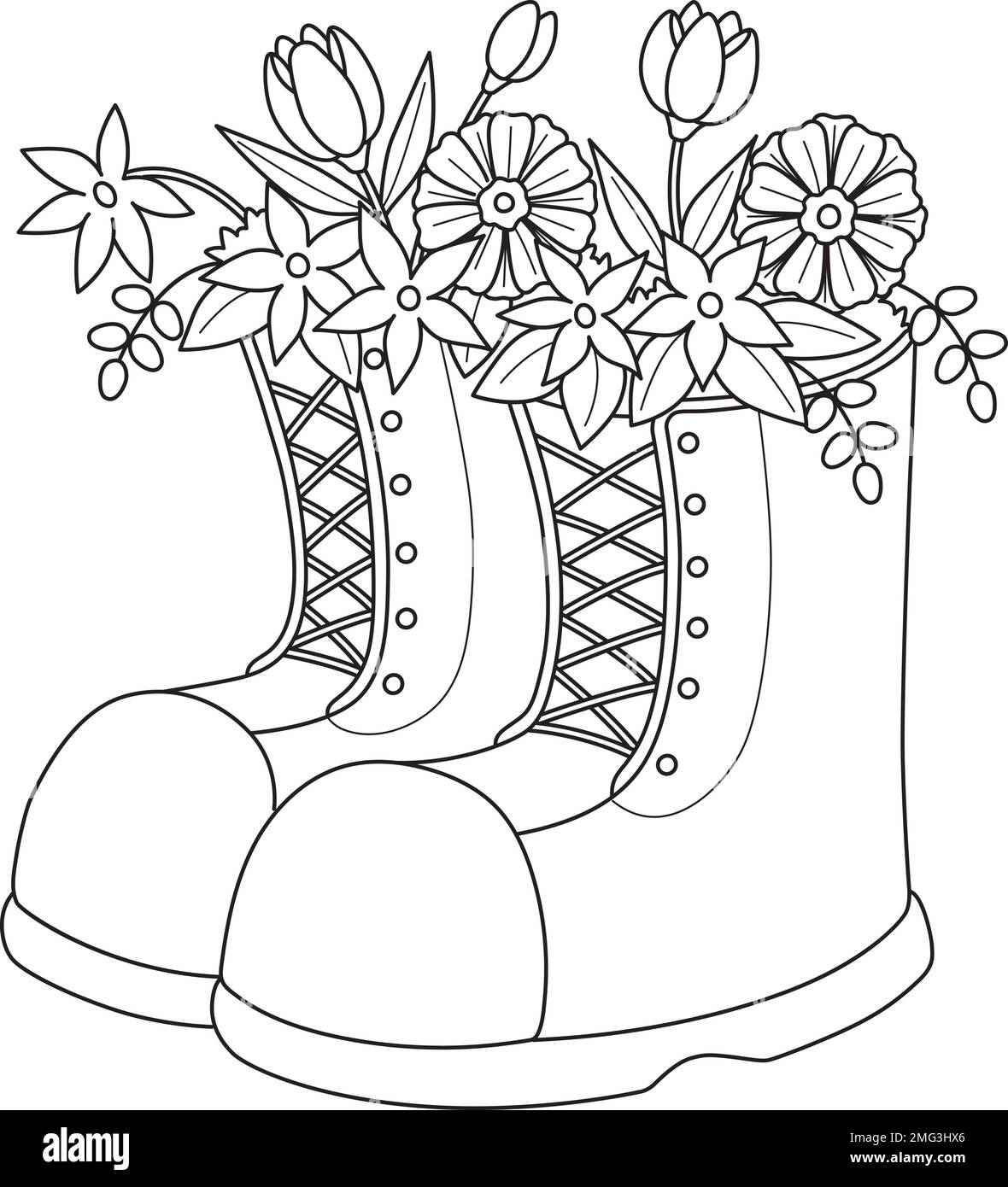 Stivali a molla con fiori isolato colorazione pagina Illustrazione Vettoriale