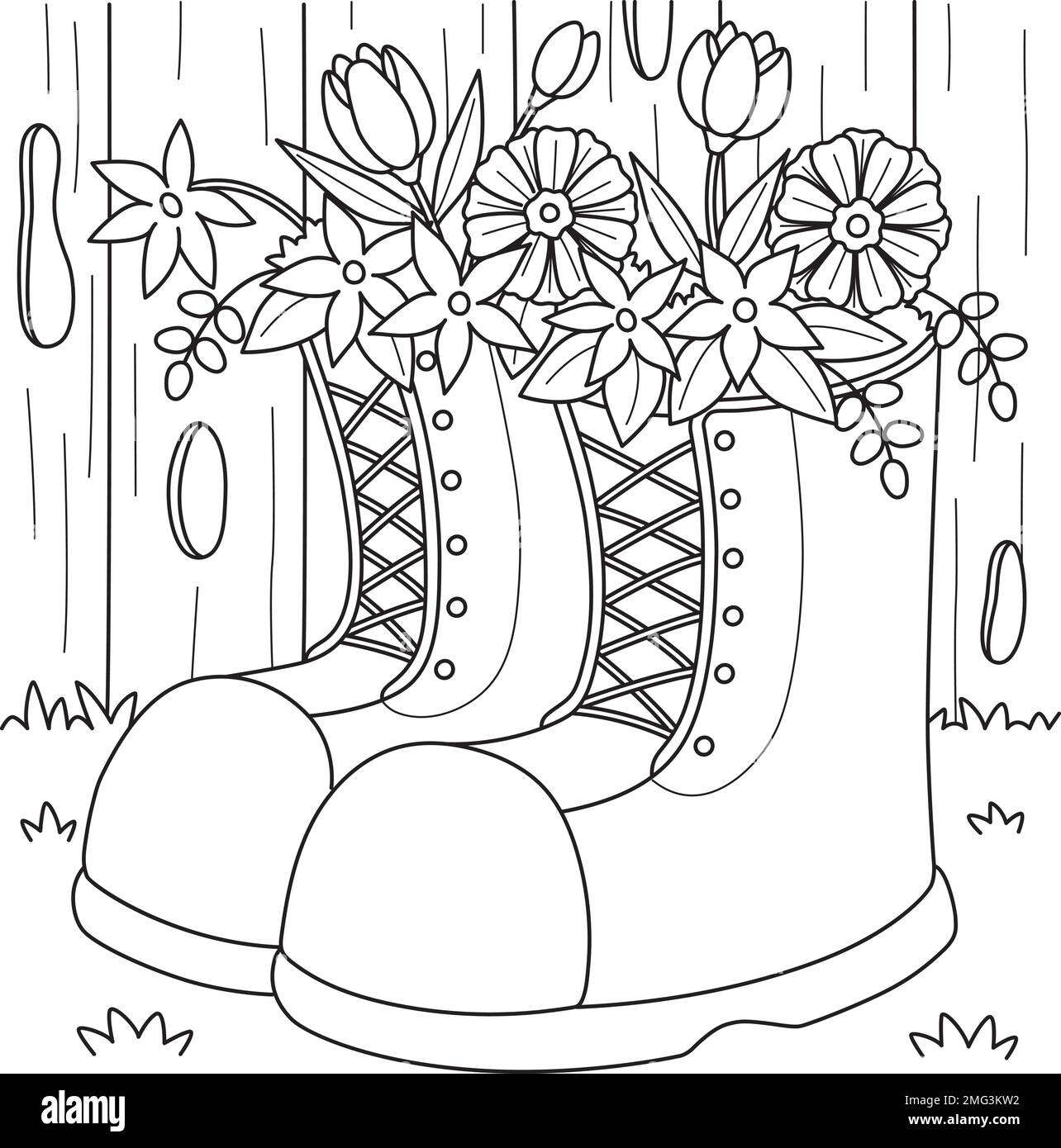 Stivali primavera con fiori colorazione pagina per bambini Illustrazione Vettoriale