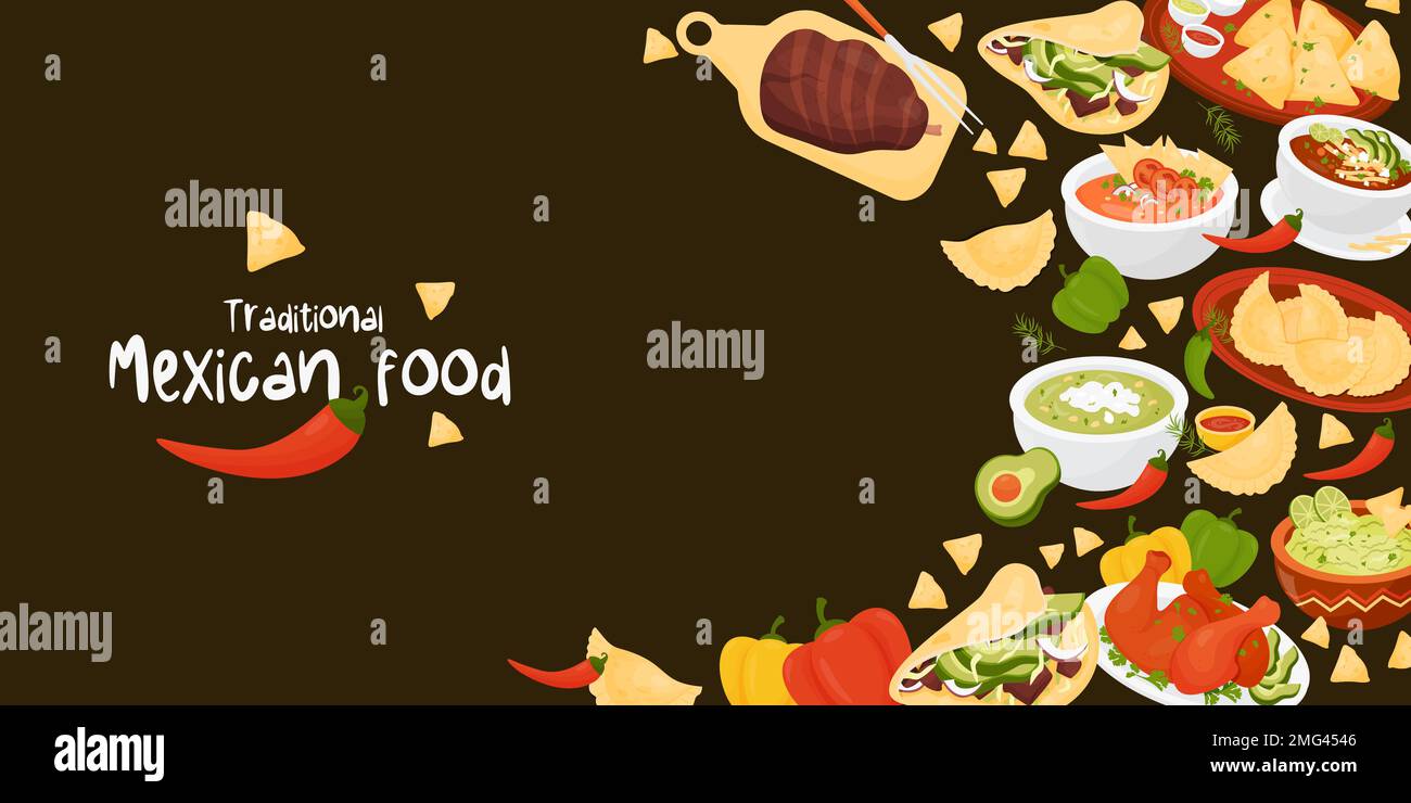 Cibo messicano. Copertina orizzontale vettoriale con piatti tradizionali latino-americani Quesadilla, Taco, guacamole con nachos, zuppa verde e zuppa di pomodoro Illustrazione Vettoriale Cibo messicano. Copertina orizzontale vettoriale con piatti tradizionali latino-americani Quesadilla, Taco, guacamole con nachos, zuppa verde e zuppa di pomodoro Illustrazione Vettoriale