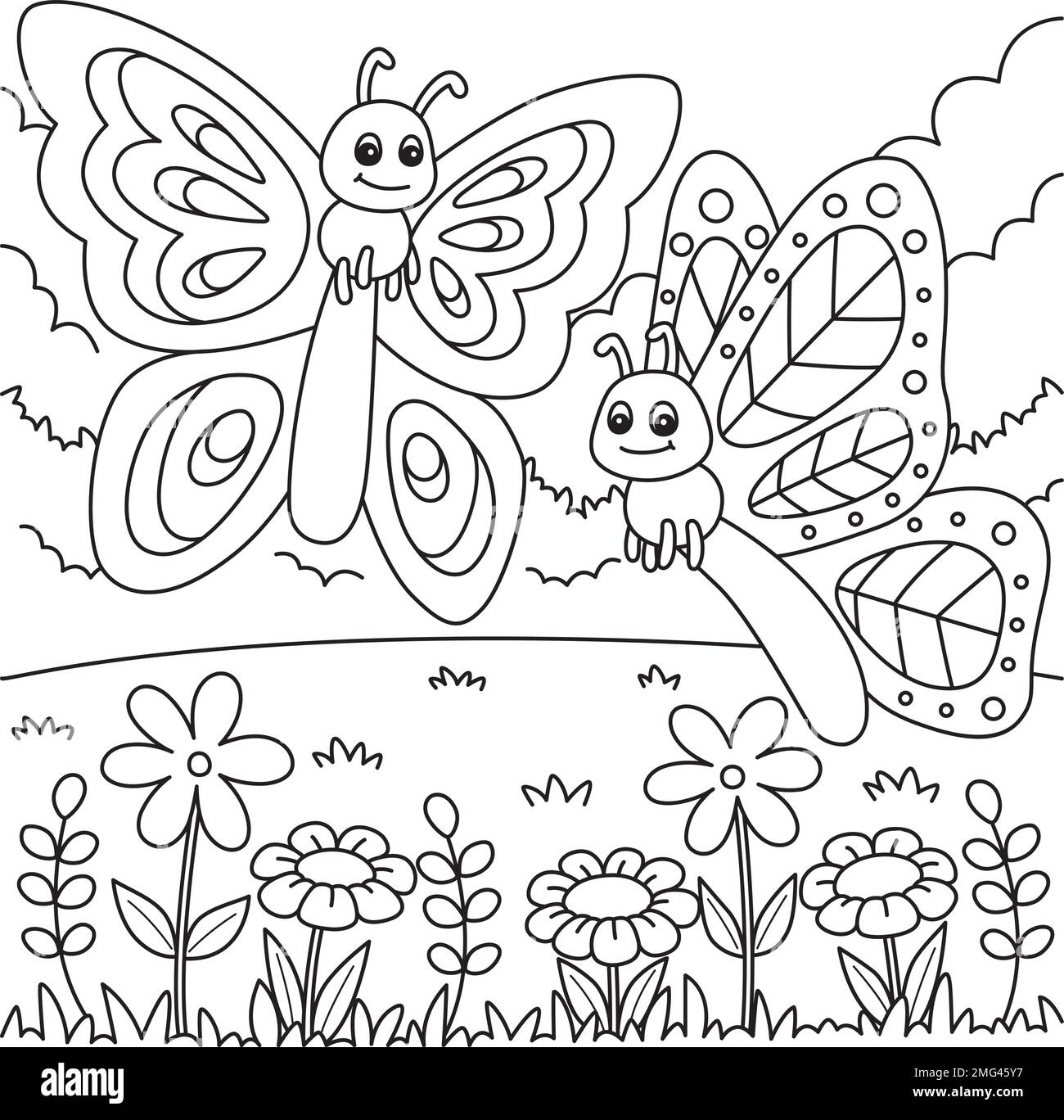 Primavera due Butterflies colorazione pagina per bambini Illustrazione Vettoriale