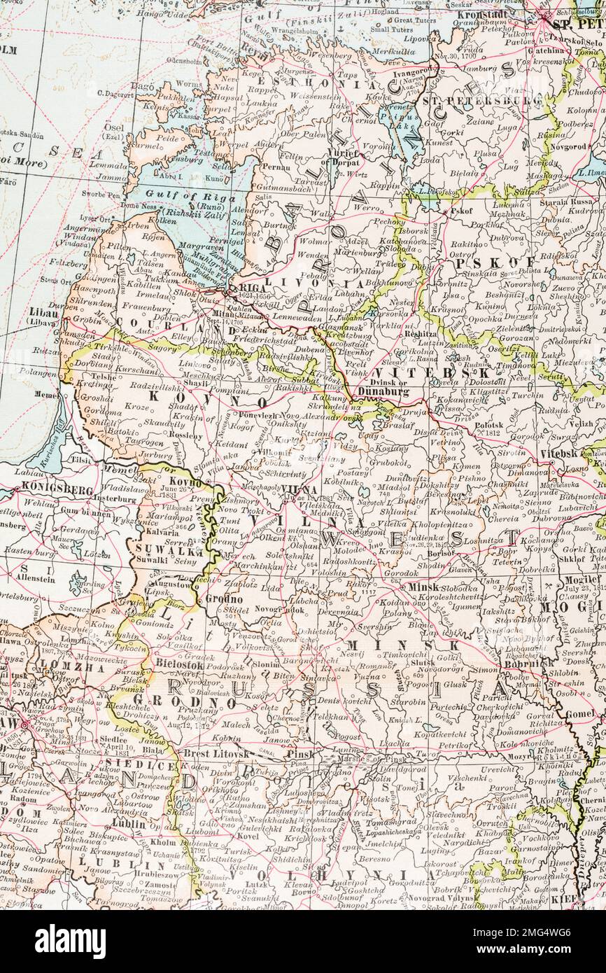 1902/3 Mappa dell'atlante dei confini territoriali degli Stati baltici di Estonia, Lettonia e Lituania prima del WW1 + Konigsberg (Kaliningrad). Foto Stock